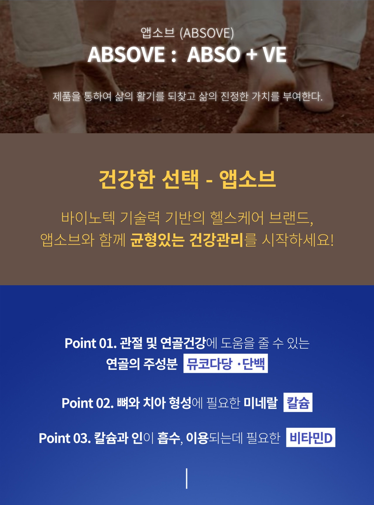 앱소브(ABSOVE) 브랜드 소개와 앱소칼슘&연골 구성 — Point 01 관절 및 연골건강에 도움을 줄 수 있는 연골의 주성분 뮤코다당·단백, Point 02 뼈와 치아 형성에 필요한 미네랄 칼슘, Point 03 칼슘과 인이 흡수·이용되는데 필요한 비타민D
