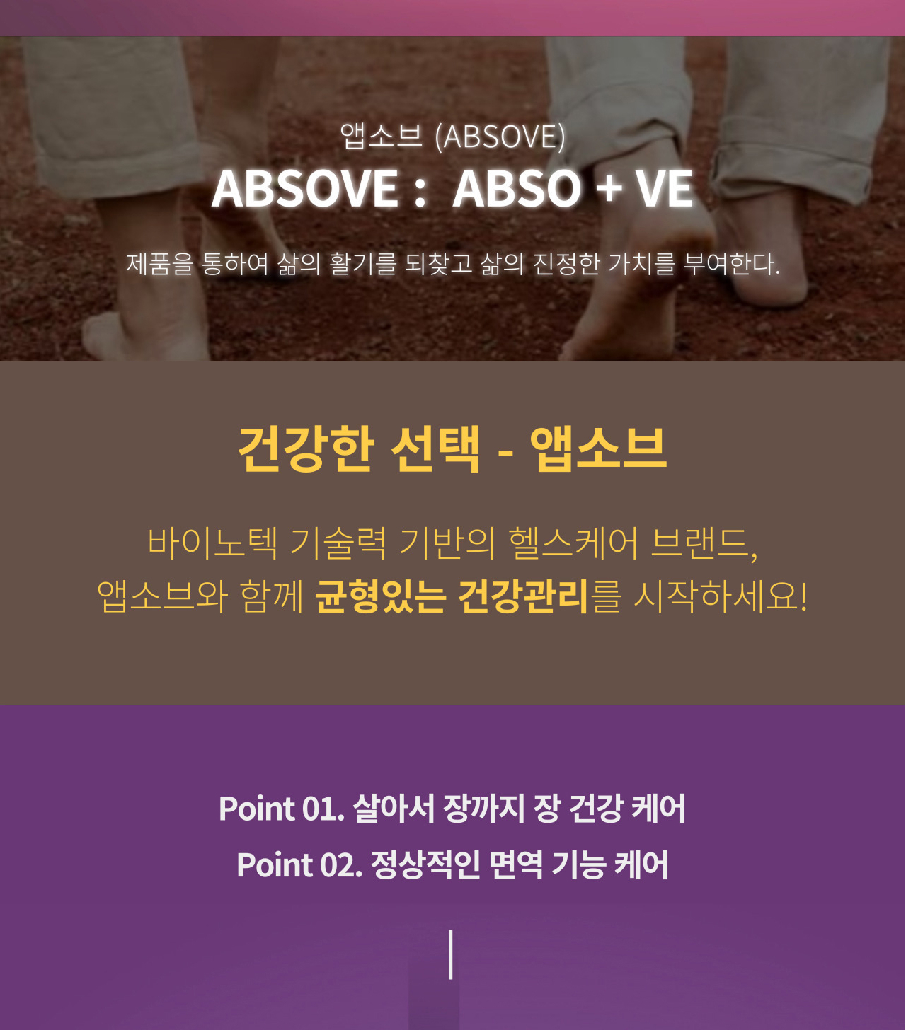 앱소브(ABSOVE) 브랜드 소개와 앱소락토 구성 — Point 01 살아서 장까지 장 건강 케어, Point 02 정상적인 면역 기능 케어