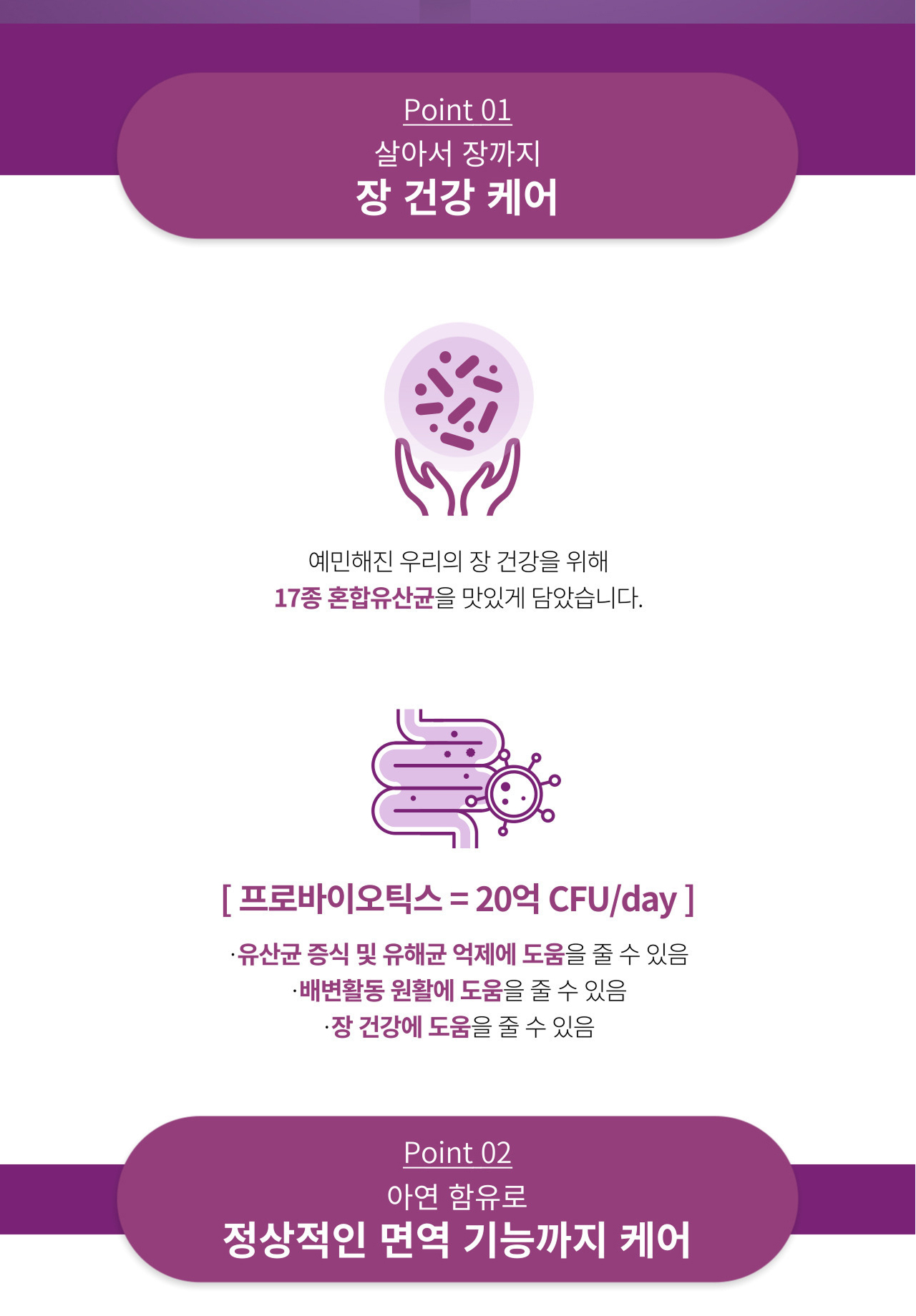 앱소락토 Point 01 프로바이오틱스 — 17종 혼합유산균 함유, 프로바이오틱스 20억 CFU/day. 유산균 증식 및 유해균 억제에 도움을 줄 수 있음, 배변활동 원활에 도움을 줄 수 있음, 장 건강에 도움을 줄 수 있음. Point 02 아연 함유