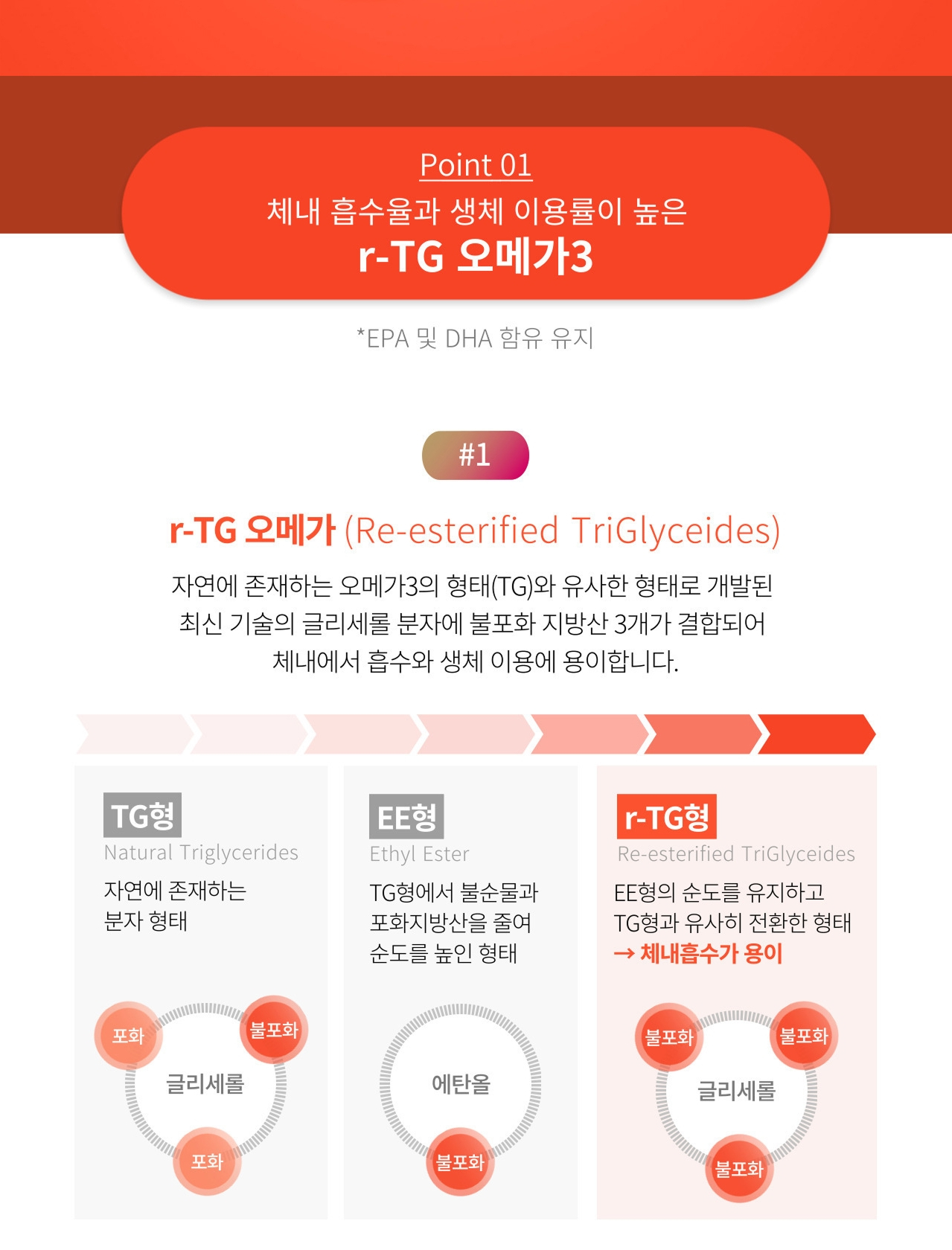 앱소메가 Point 01 r-TG 오메가3(Re-esterified TriGlycerides) — 자연에 존재하는 오메가3의 형태(TG)와 유사한 형태로 개발된 글리세롤 분자에 불포화 지방산 3개가 결합된 형태로 체내 흡수와 생체 이용에 용이. TG형·EE형·r-TG형 구조 비교