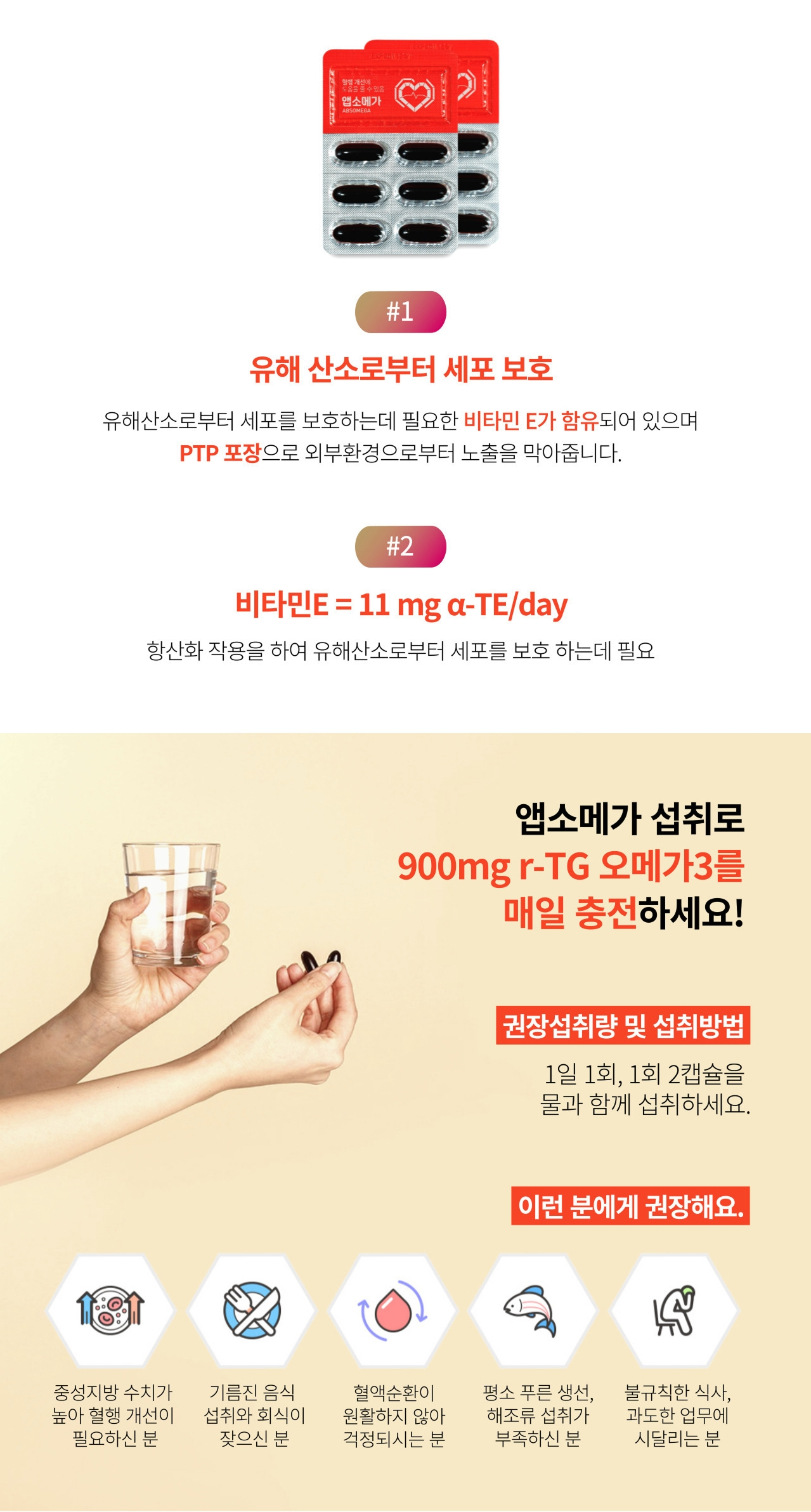 앱소메가 비타민E와 섭취 방법·추천 대상 — 비타민E 11mg α-TE/day, 항산화 작용을 하여 유해산소로부터 세포를 보호하는데 필요. PTP 포장으로 외부환경으로부터 노출 차단. 1일 1회 1회 2캡슐을 물과 함께 섭취. 중성지방 수치가 높아 혈행 개선이 필요하신 분, 기름진 음식 섭취와 회식이 잦으신 분, 혈액순환이 원활하지 않아 걱정되시는 분, 평소 푸른 생선·해조류 섭취가 부족하신 분, 불규칙한 식사와 과도한 업무에 시달리는 분에게 권장