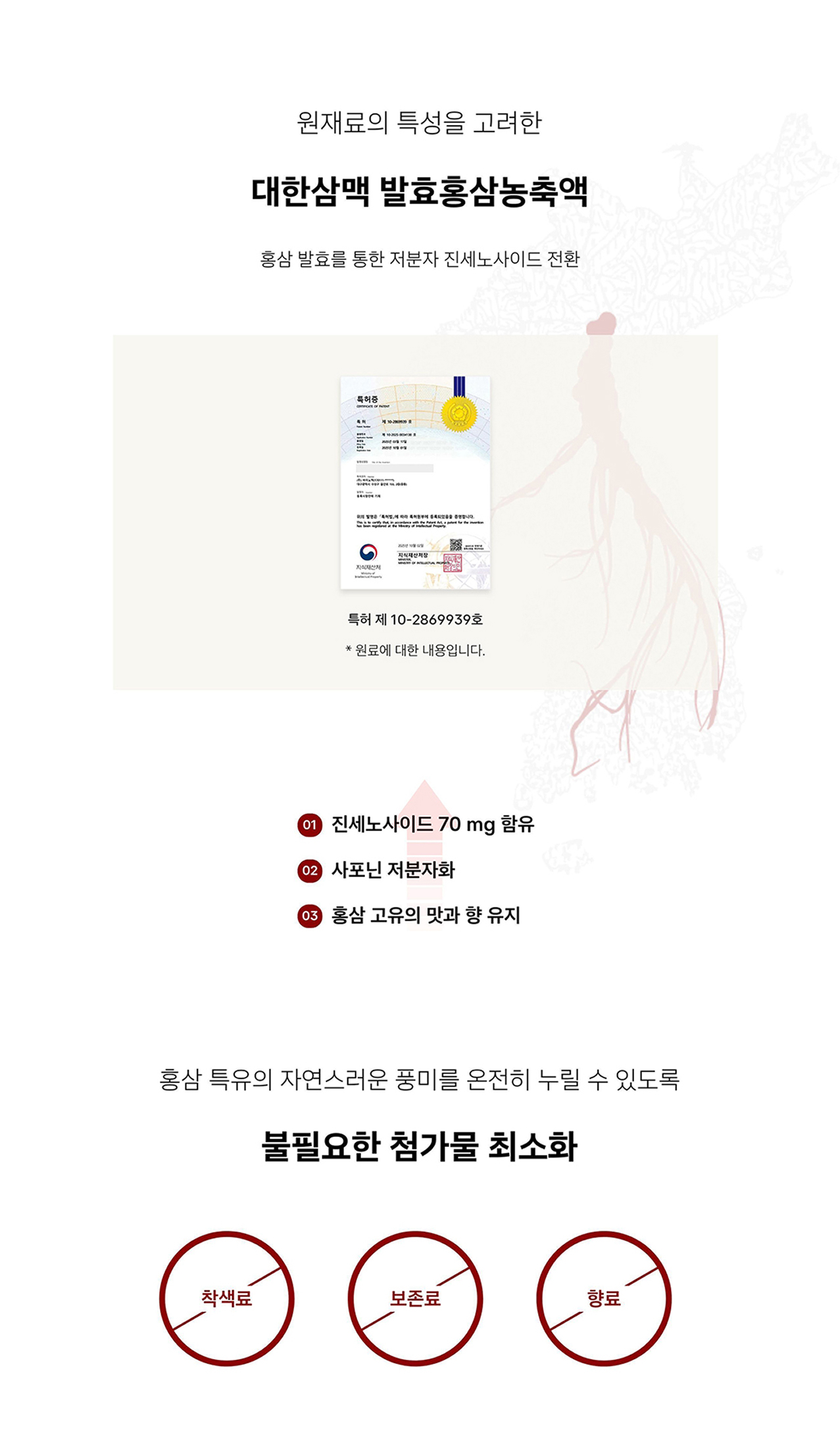 대한삼맥 원재료 특성 안내 — 홍삼 발효를 통한 저분자 진세노사이드 전환, 특허 제10-2869939호. 진세노사이드 70mg 함유, 사포닌 저분자화, 홍삼 고유의 맛과 향 유지. 착색료·보존료·향료 등 불필요한 첨가물 최소화